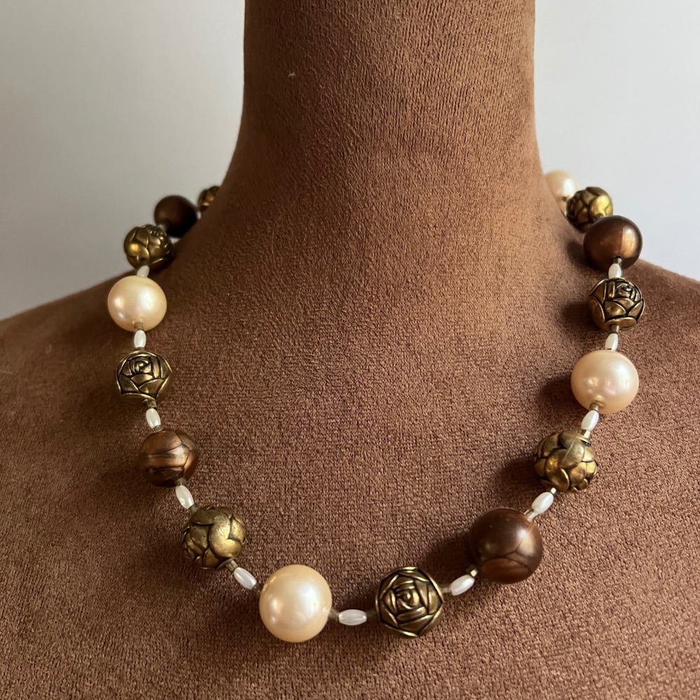 Vintage Faux Pearl & Bronze Rose‎ Flower Bead Toggle Necklace 20" Cottagecore